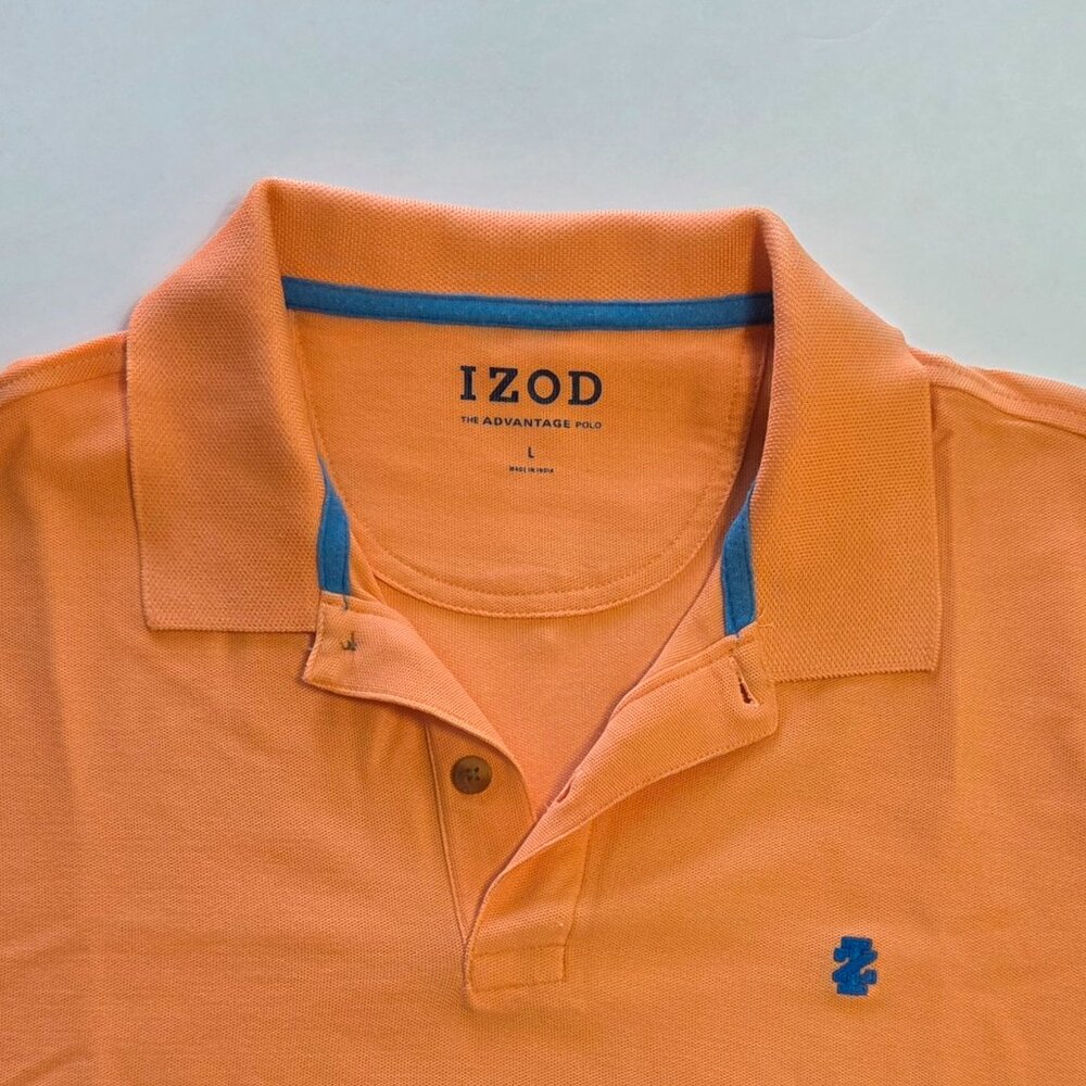 IZOD Advantage Polo Shirt, Men’s Large, Peach/Coral w/ Blue Logo